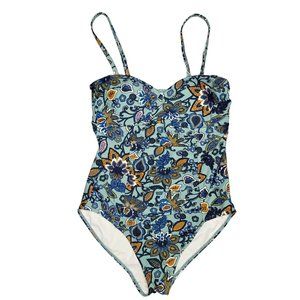 Tahiti boho floral one piece swimsuit floral blue yellow tan size Large 12-14